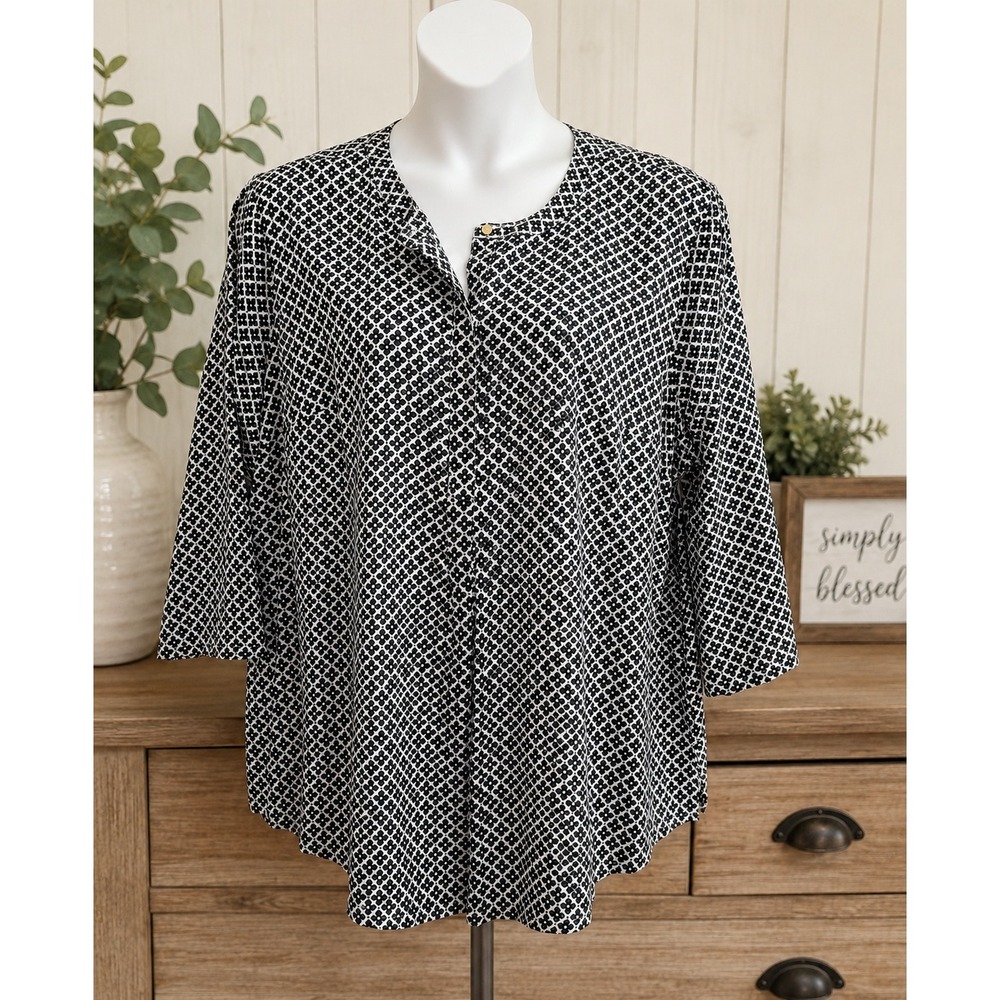 Liz Claiborne Womens 2X Geometric Print 3/4 Sleeve Split Neck Blouse Navy Purple
